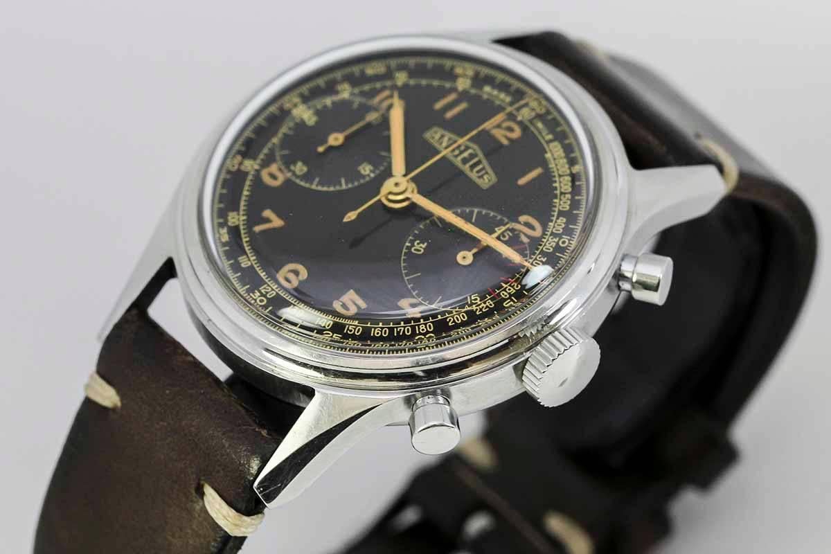 Angelus Stainless Steel Gilt Dial Chronograph Wristwatch In Excellent Condition In Miami Beach, FL