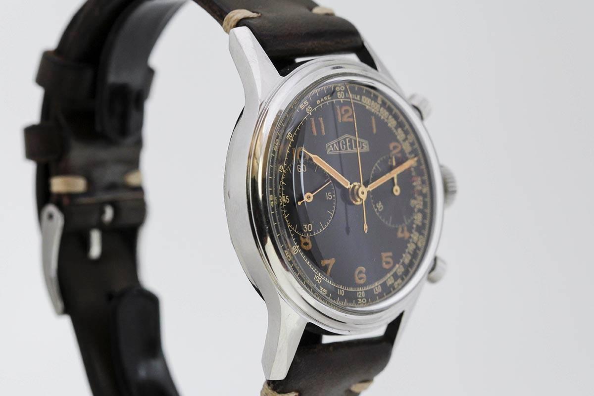 Women's or Men's Angelus Stainless Steel Gilt Dial Chronograph Wristwatch