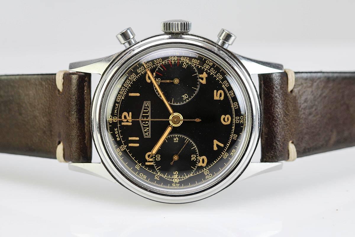 Angelus Stainless Steel Gilt Dial Chronograph Wristwatch 3