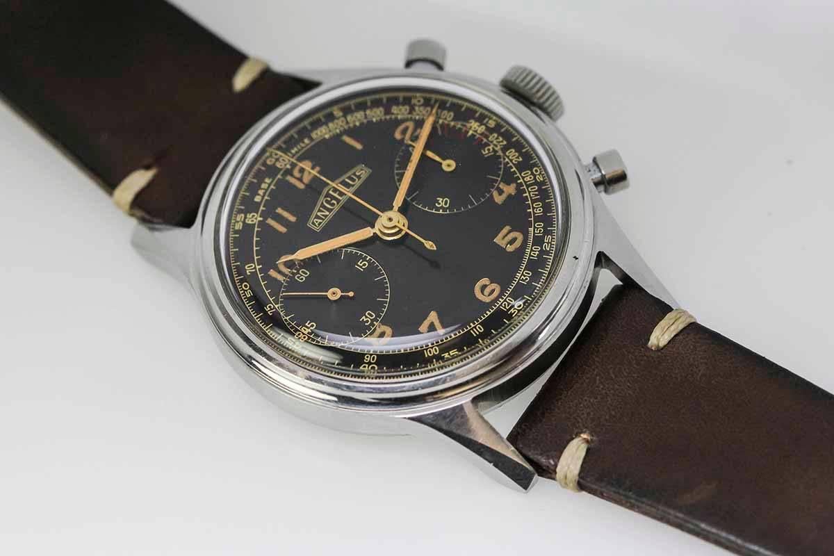 Angelus Stainless Steel Gilt Dial Chronograph Wristwatch 4