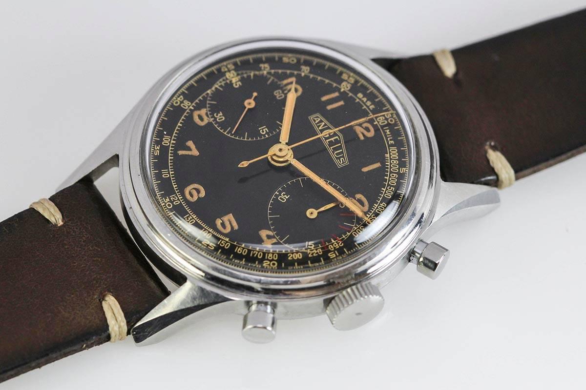 Angelus Stainless Steel Gilt Dial Chronograph Wristwatch 5