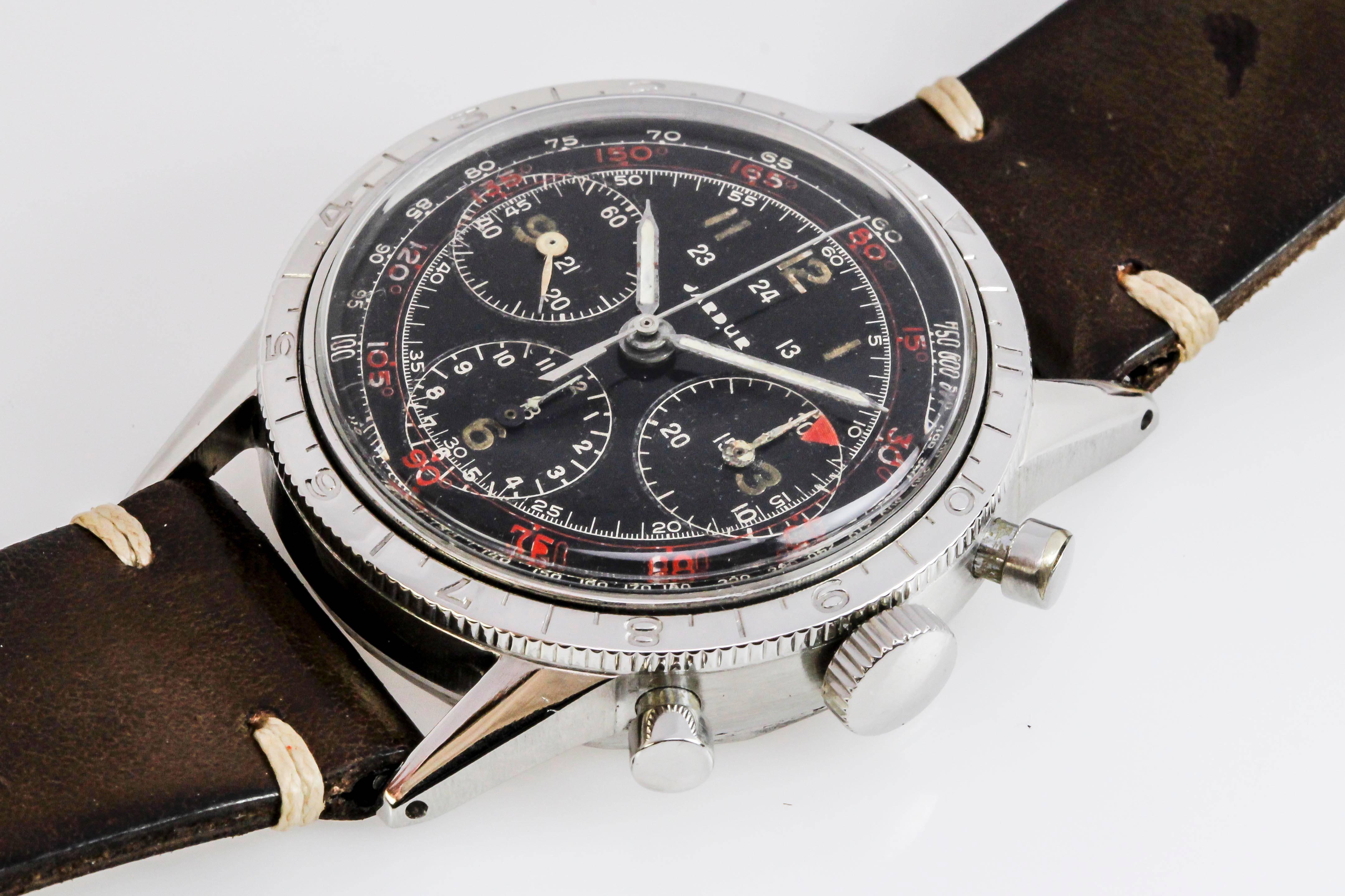 Jardur chronograph with an exquisite shiny dial and a manual wind movement.
