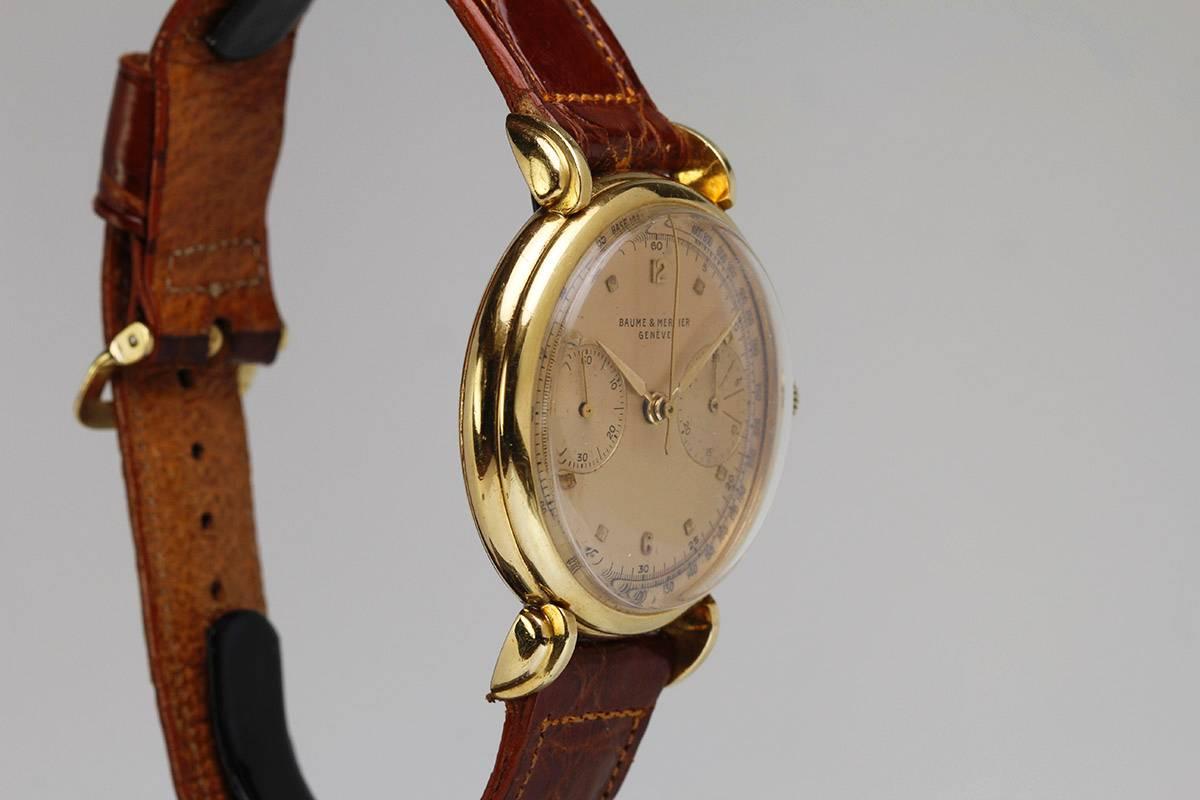 This beautiful example of a rare Baume & Mercier two register chronograph with original dial from the 1950’s. It is an oversize watch measuring 38mm with nice stepped horn lugs with beautiful definition. Great find and rare watch.