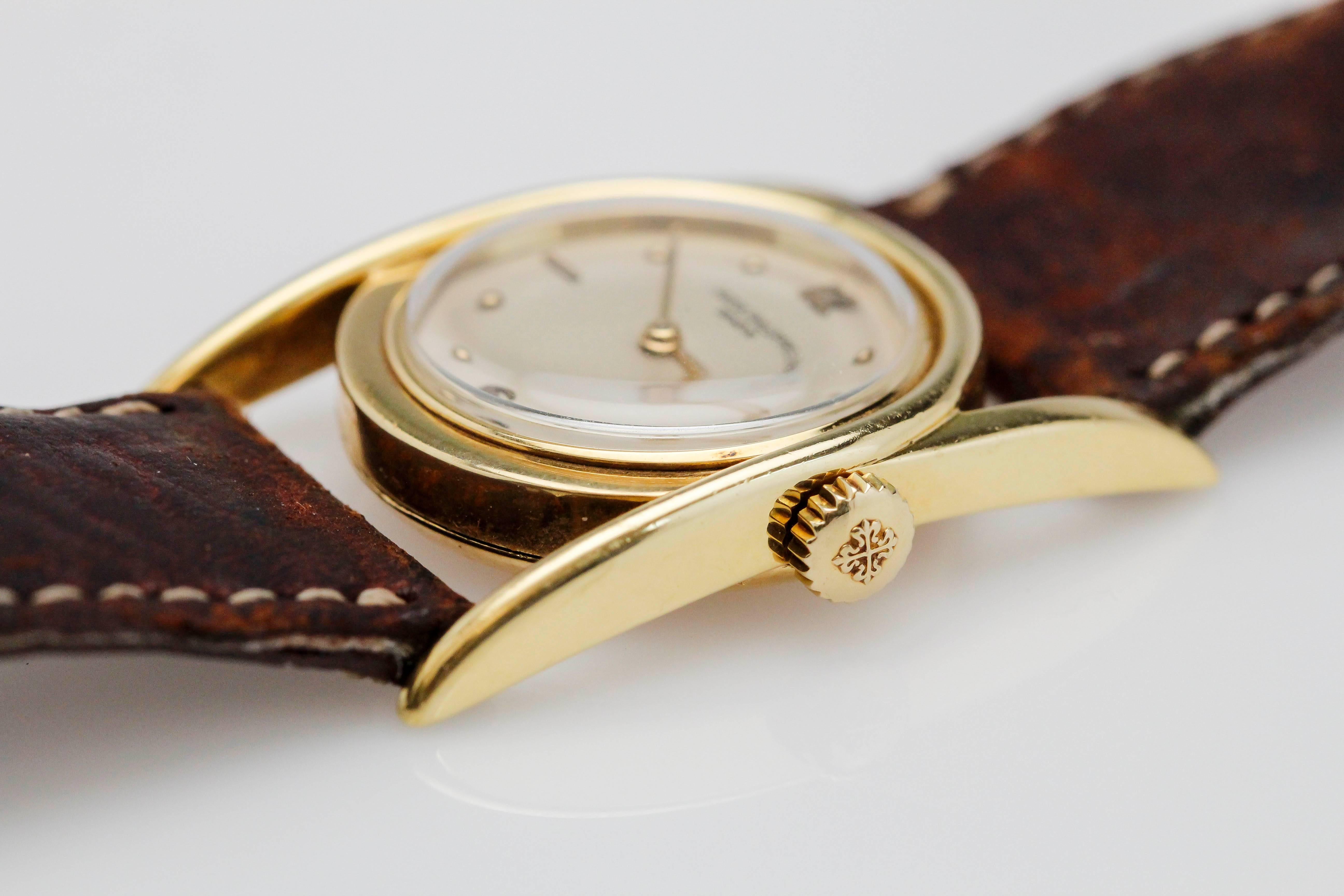 Patek Philippe Yellow Gold Horseshoe Style Driver's Wristwatch Ref 497 In Excellent Condition In Miami Beach, FL