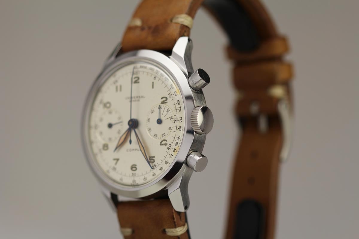 This Universal Geneve Compur Chronograph is in near mint condition with an original two register dial.