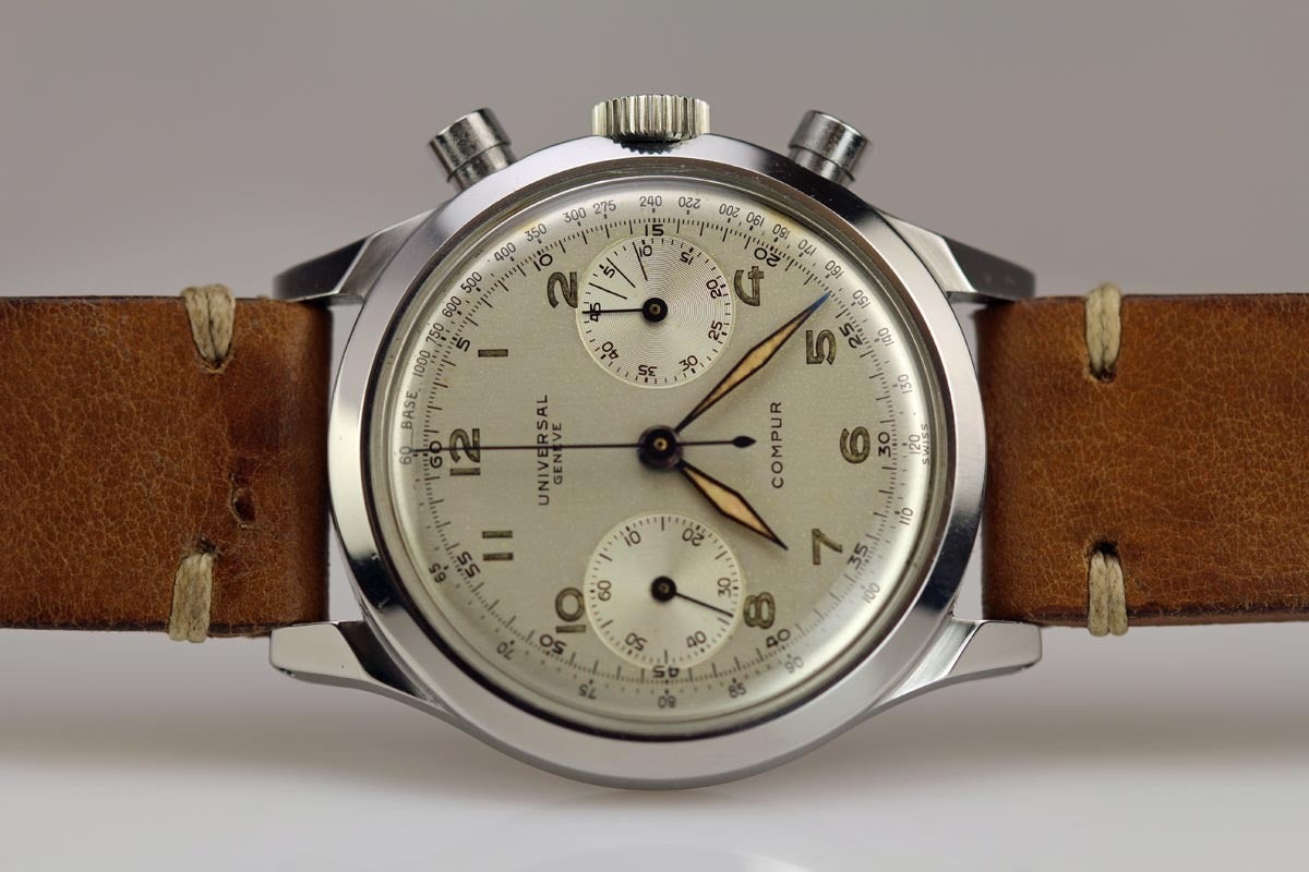 Universal Geneve Stainless Steel Compur Chronograph Wristwatch In Excellent Condition In Miami Beach, FL