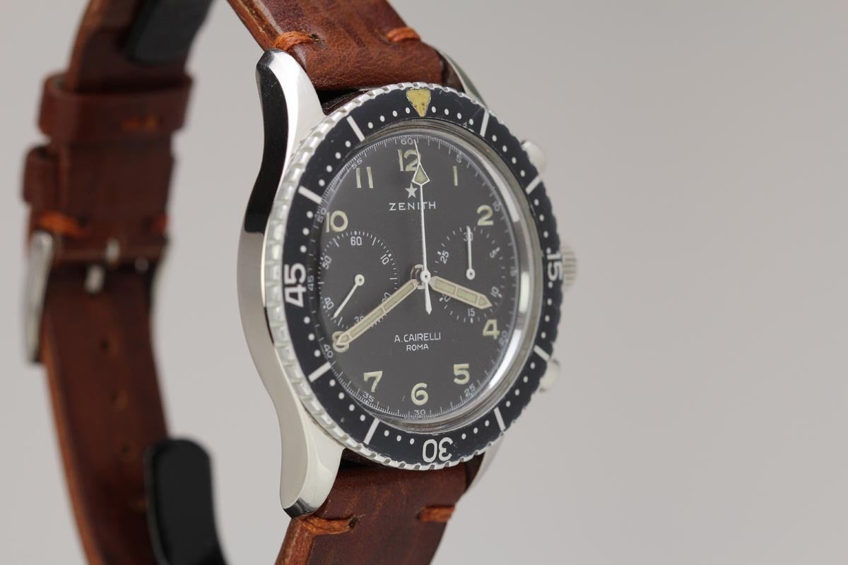 This is an exceptional example of a Zenith Chronograph that was made for the Italian military in the 1970s. The watch is in mint condition with an original dial and a near perfect bezel. It is difficult to find these models in such nice condition.