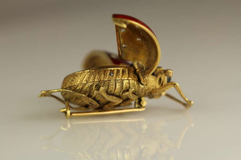 Edwardian Gold and Guilloche Enamel Lady Bug Brooch Watch, circa 1800s