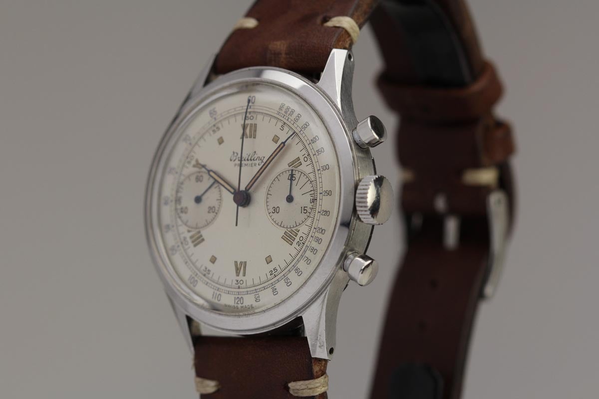 Breitling Premier chronograph, Ref. 777 in stainless steel with a screw down back, manual wind Venus movement,  silvered dial and luminous hands  c. 1955.