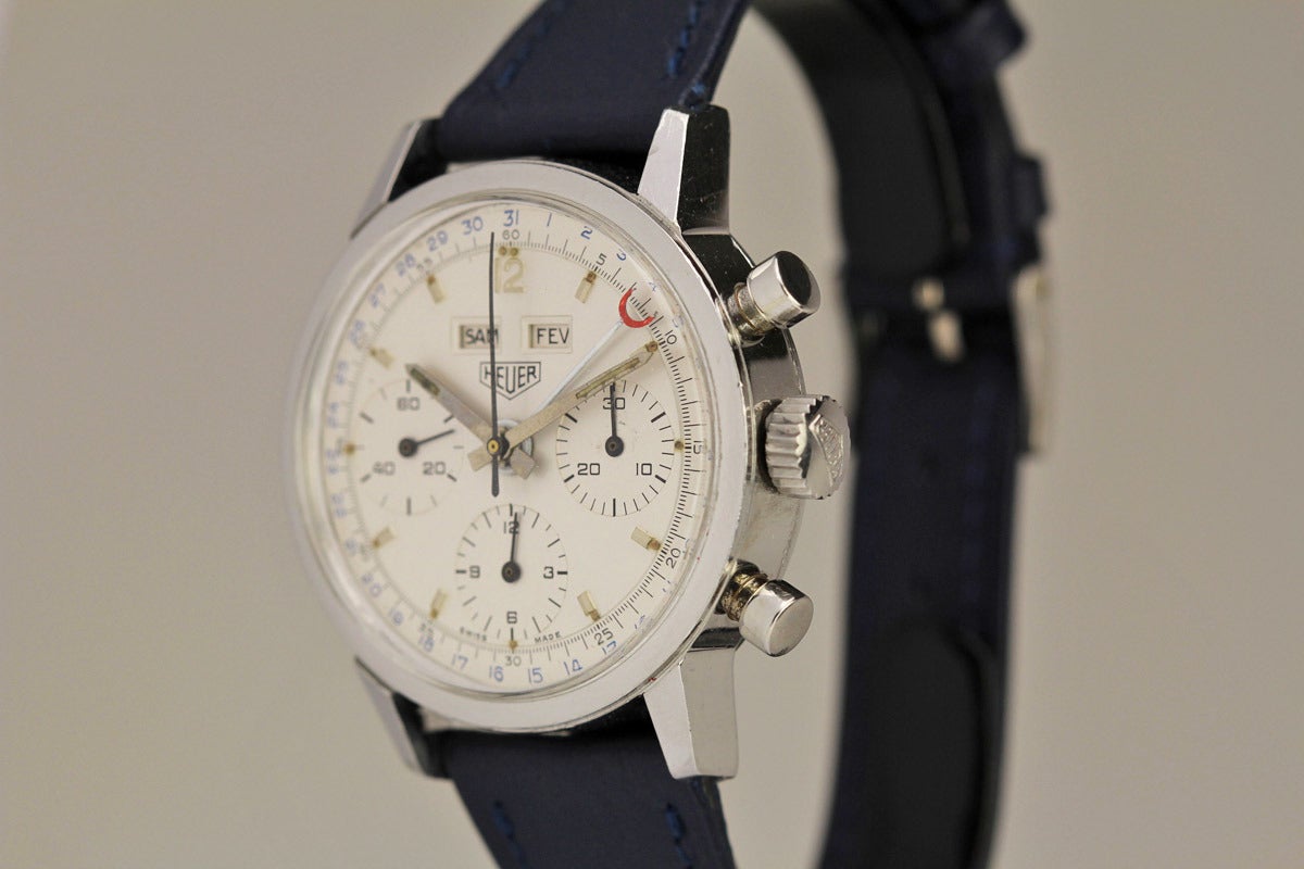 Heuer Stainless Steel Triple Date Chronograph Wristwatch