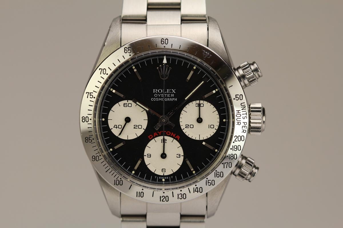 This is an extremely rare “R” series Rolex Daytona reference 6265 with the original box and papers. Not only is the R series rare but this particular watch is in mint condition in all aspects. This 6265 Rolex Daytona still has the original sticker