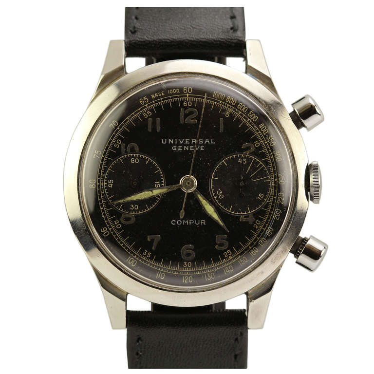 Universal Stainless Steel Compur Chronograph Wristwatch with Black Dial ...