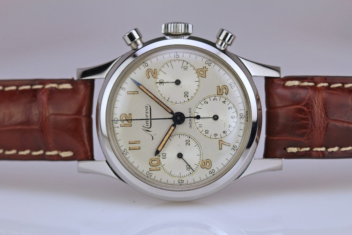 Minerva Stainless Steel Chronograph Wristwatch In Excellent Condition In Miami Beach, FL