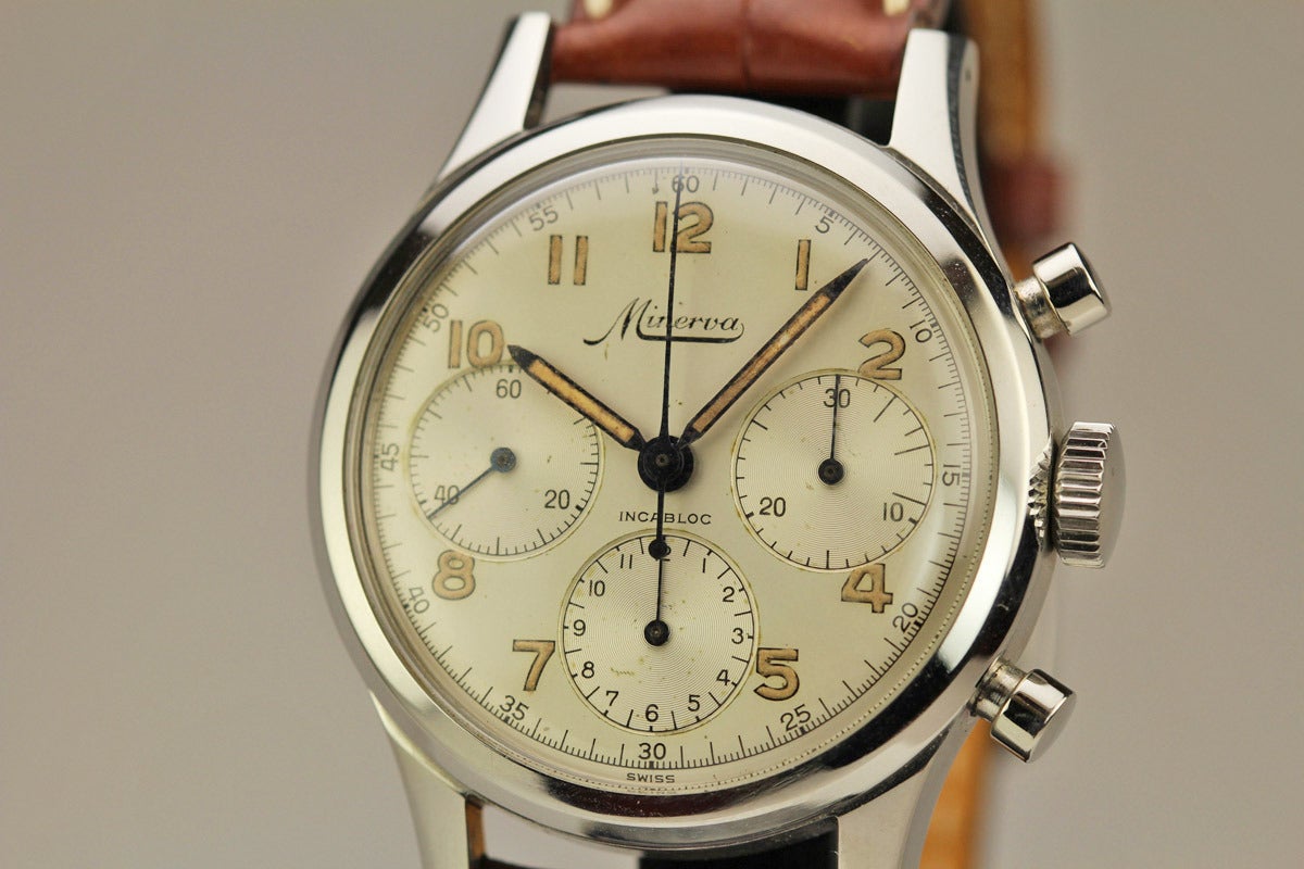 Minerva Stainless Steel Chronograph Wristwatch at 1stDibs