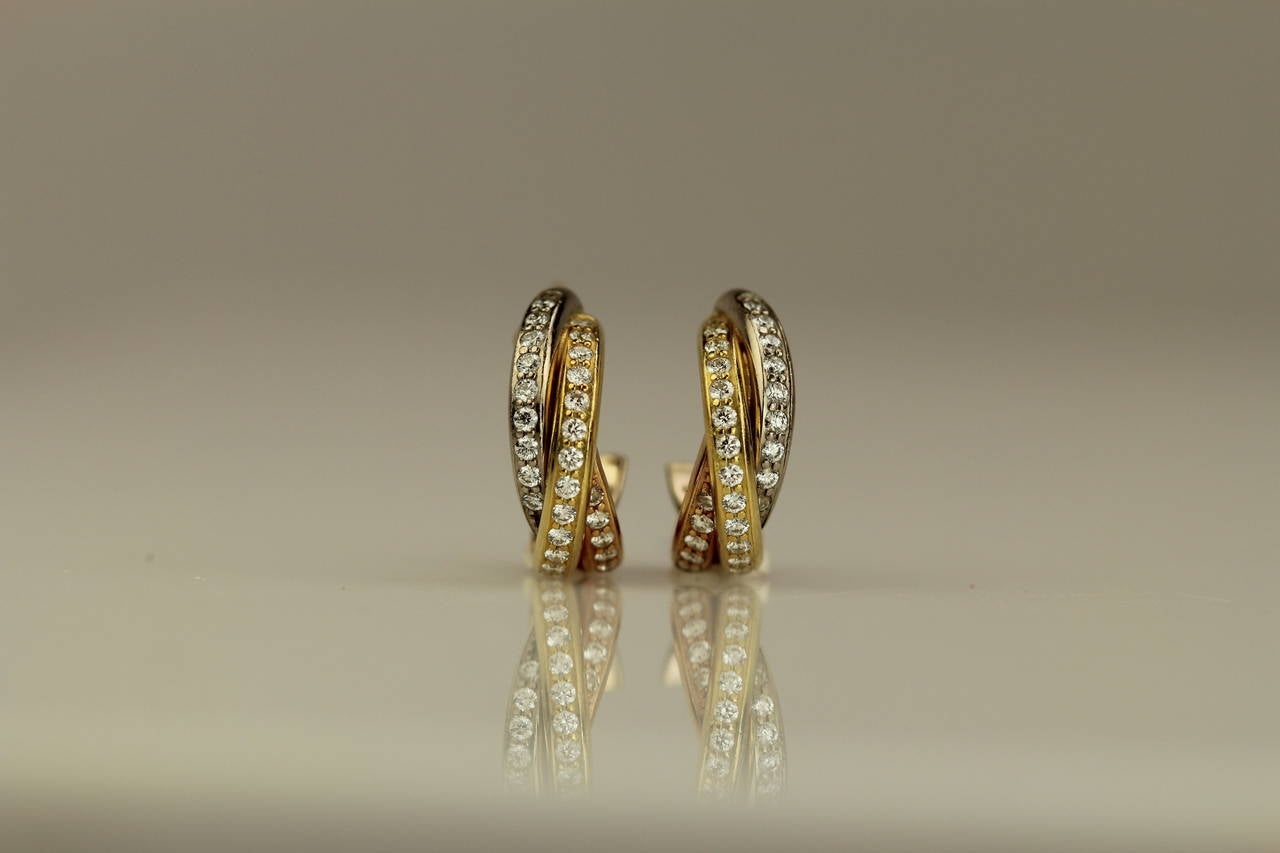 Cartier Diamond Tri-Colored Gold Modern Huggie Style Hoop Earrings 2