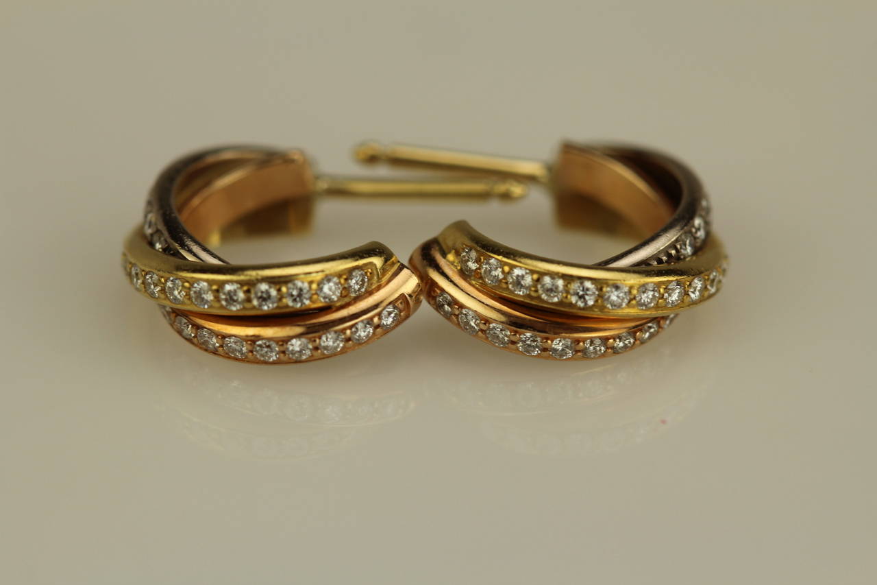 Cartier Diamond Tri-Colored Gold Modern Huggie Style Hoop Earrings 4