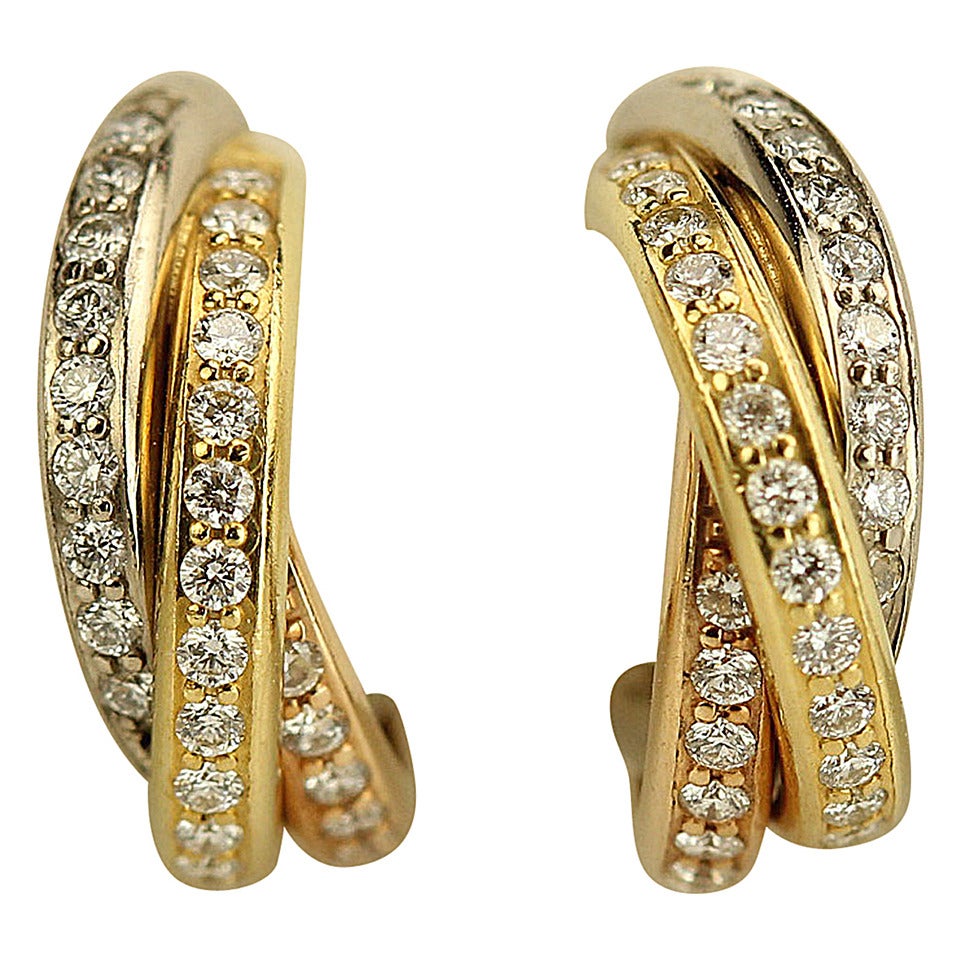 Cartier Diamond Tri-Colored Gold Modern Huggie Style Hoop Earrings