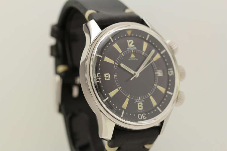 The Jaeger-LeCoultre Polaris alarm watch has a large cult following and is highly desired by many watch collectors worldwide. It is an automatic watch with an inner rotation diver's bezel, alarm function, and date feature. The case, dial and