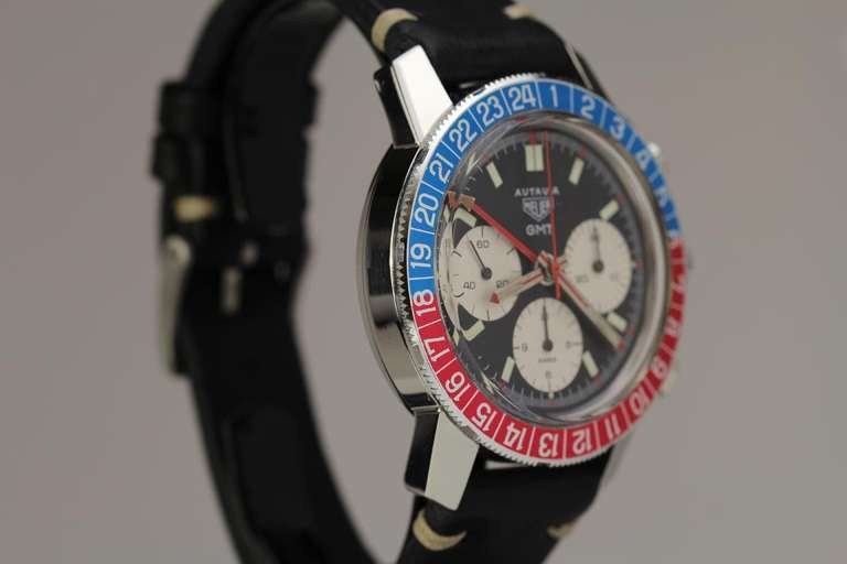 Heuer Stainless Steel Autavia GMT Chronograph Wristwatch circa 1960s In Excellent Condition In Miami Beach, FL