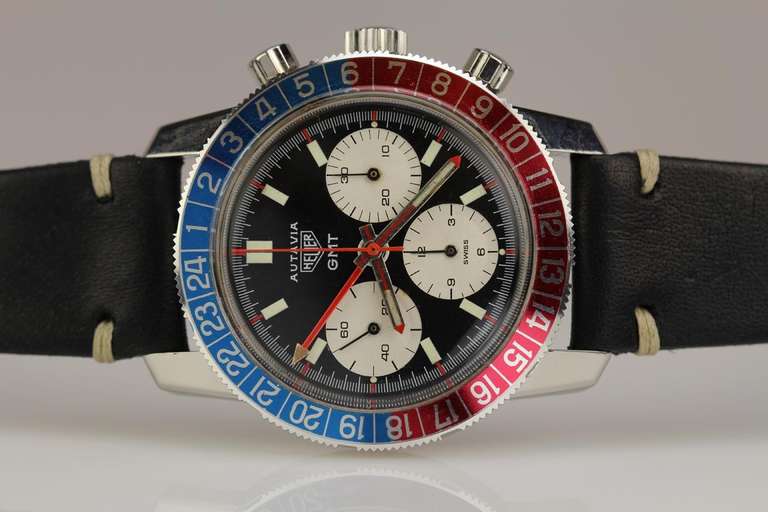 Heuer Stainless Steel Autavia GMT Chronograph Wristwatch circa 1960s 1
