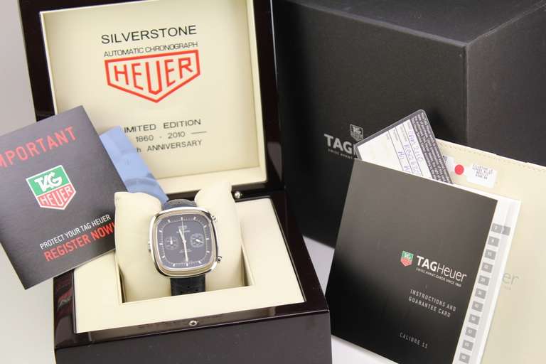 Tag Heuer stainless steel Silverstone chronograph limited edition wristwatch, model number CAM2110.FC6258, with a blue dial, exhibition back showing the automatic movement, original strap in worn but very good conditions along with Tag Heuer