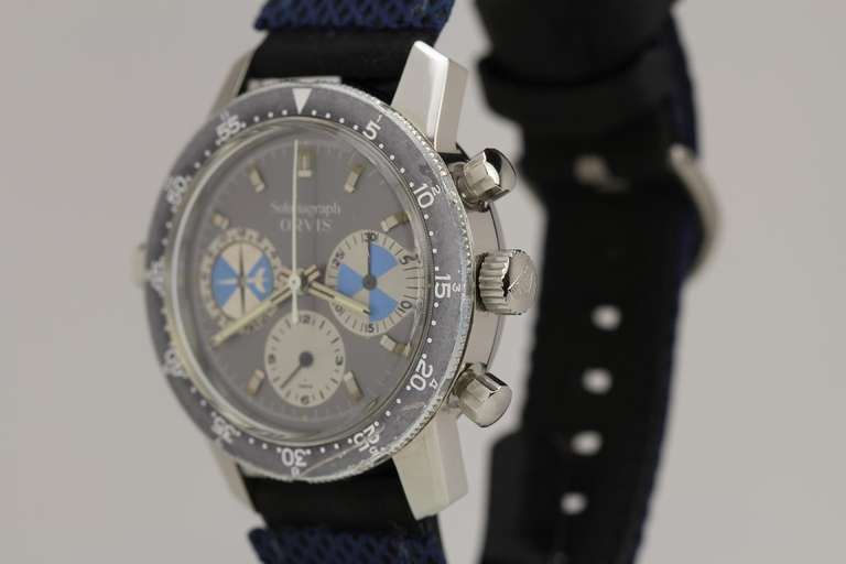 Heuer stainless steel Solunagraph chronograph wristwatch, retailed by Orvis, with a manual-wind movement, circa 1960s.