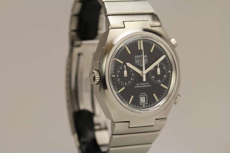Heuer Stainless Steel Cortina Chronograph Wristwatch circa 1970s In Excellent Condition In Miami Beach, FL