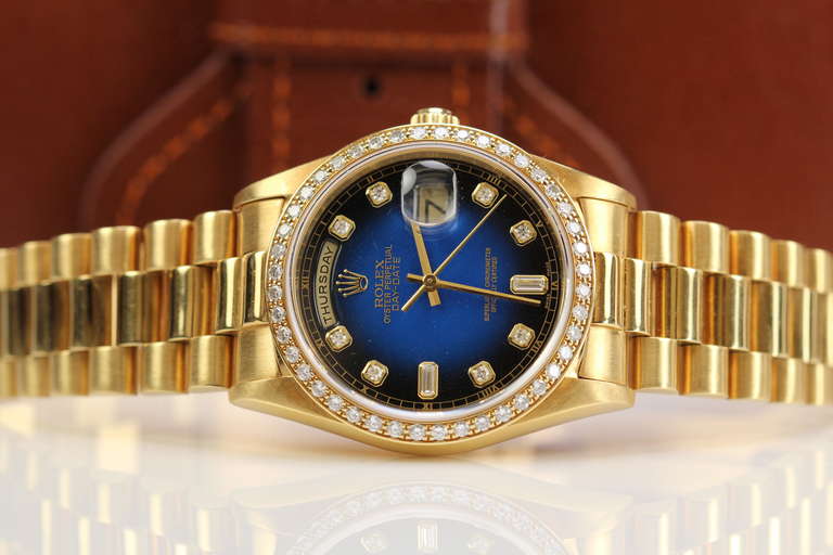 Rolex Yellow Gold and Diamond Day-Date Wristwatch with Blue Vignette Dial In Excellent Condition In Miami Beach, FL