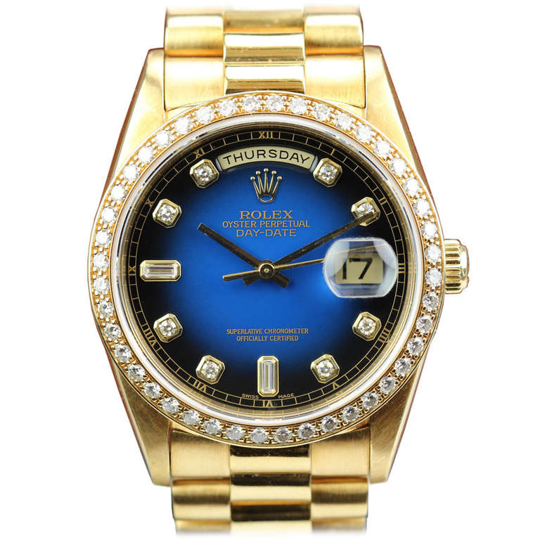 Rolex Yellow Gold and Diamond Day-Date Wristwatch with Blue Vignette Dial