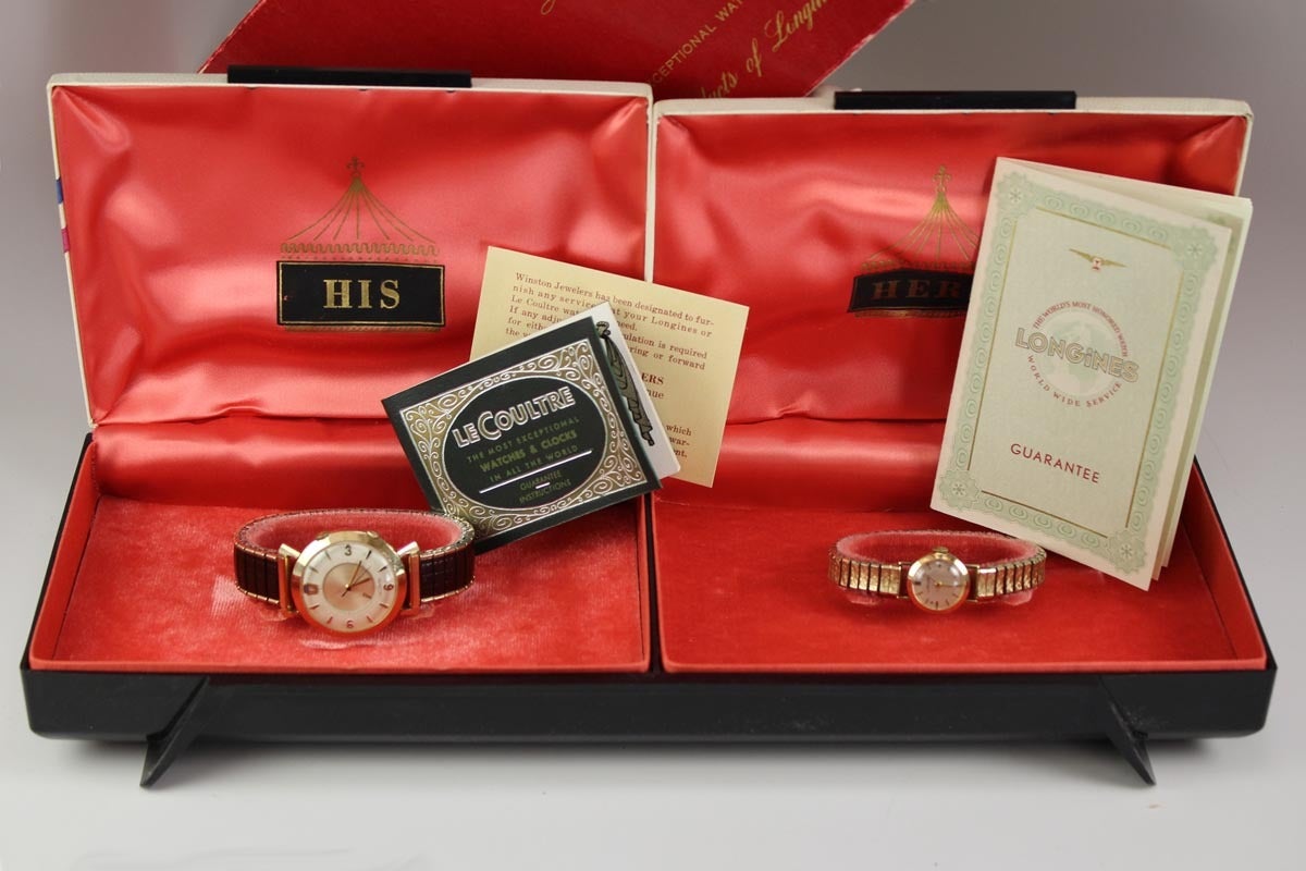 This special His & Hers box set was manufactured by both LeCoultre Memovox Ref 3015 and the Longines Cosmopolitan Ref 910 L Ford Collection 