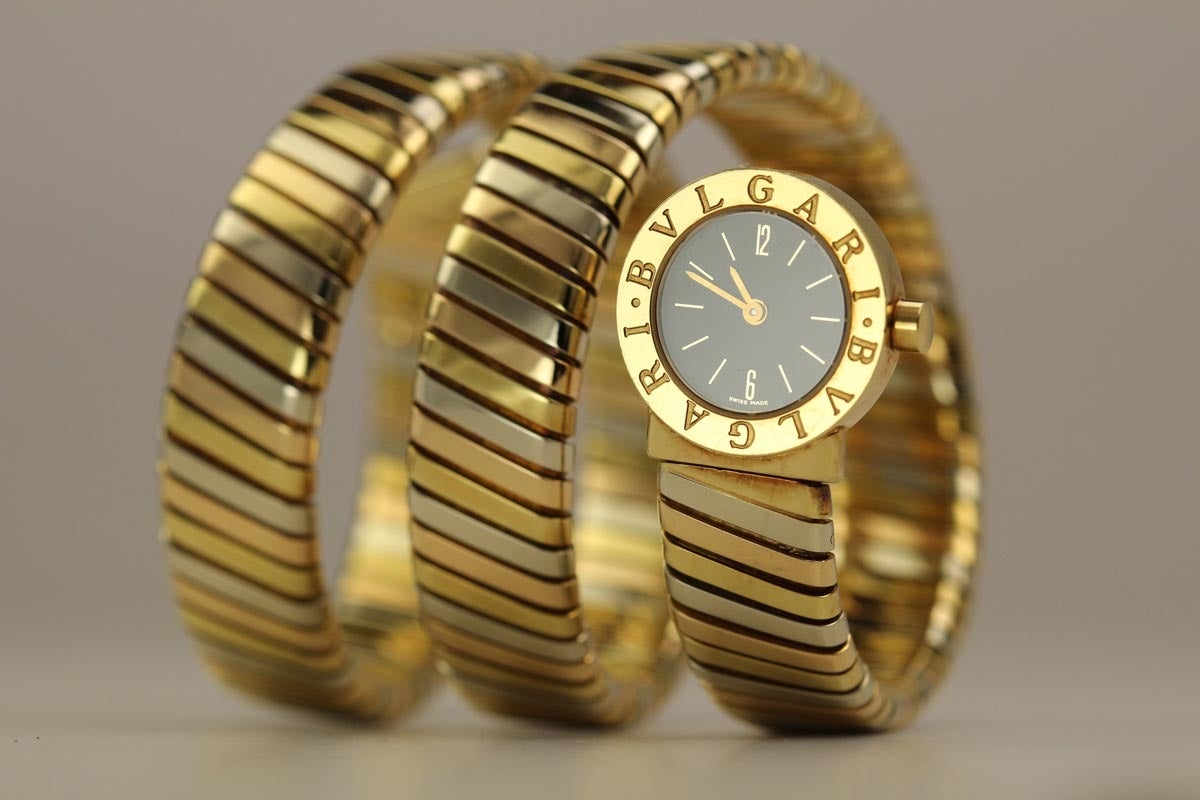 Bulgari Lady's Three Color Gold Tubogas Snake Quartz Bracelet Wristwatch In Excellent Condition In Miami Beach, FL