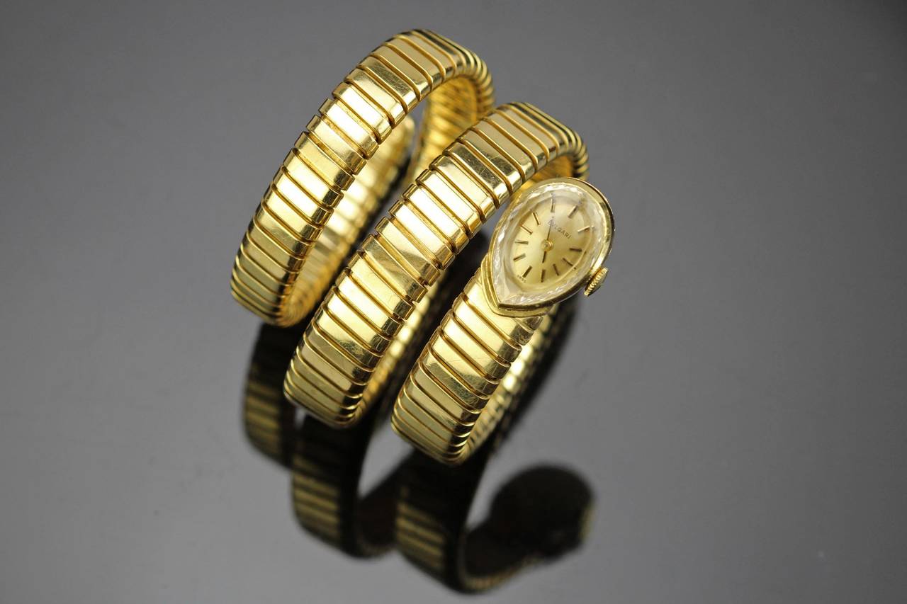 Bulgari Ladies Yellow Gold Juvenia Tubogas Snake Bracelet Wristwatch, circa 1970 3