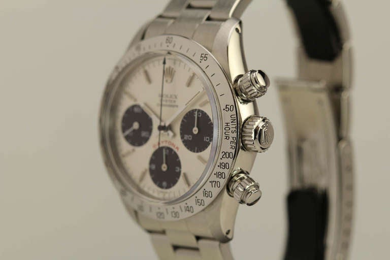 This is a mint and rare example of the rolex Daytona reference 6265 from 1987.   What makes this particular Daytona so rare is that is an R serial number and it was the last year of production for the manual wind daytona.   The production run for