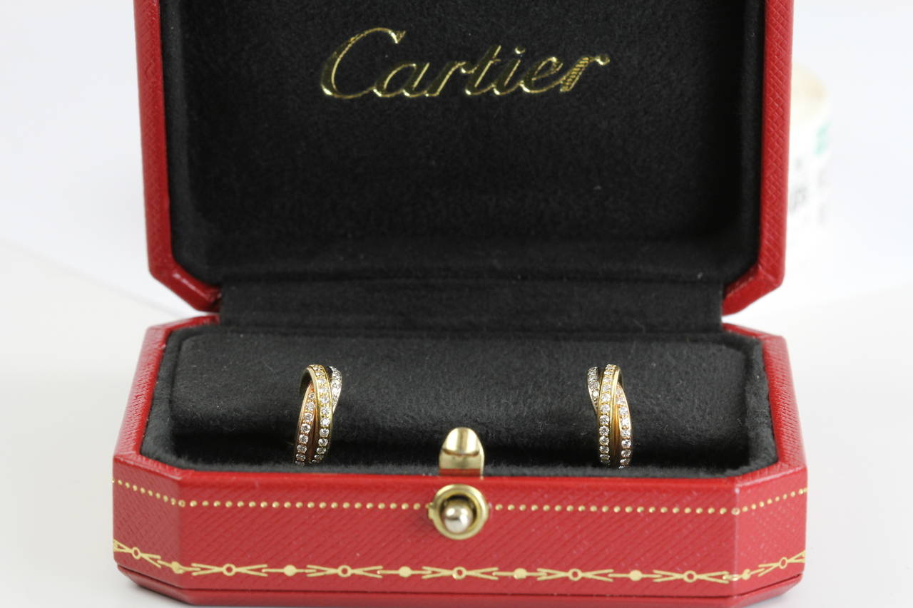 Cartier Diamond Tri-Colored Gold Modern Huggie Style Hoop Earrings 5