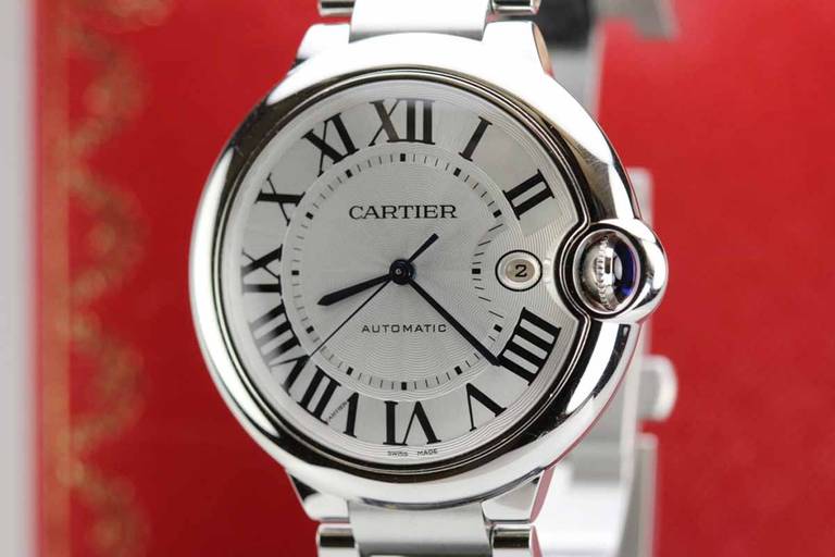 Cartier Ballon Bleu in stainless steel with automatic movement. Comes with box and papers. Ref. W69012Z4.