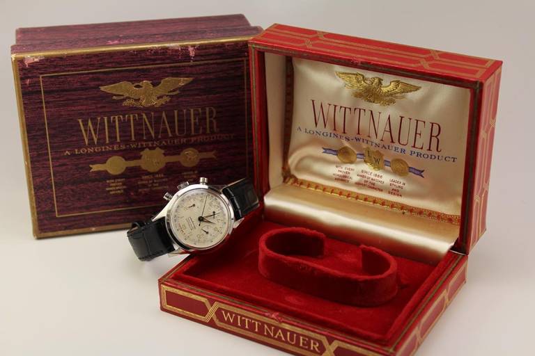 Wittnauer Edelstahl Profi-Chronograph Armbanduhr ca. 1950er Jahre im Zustand „Hervorragend“ in Miami Beach, FL