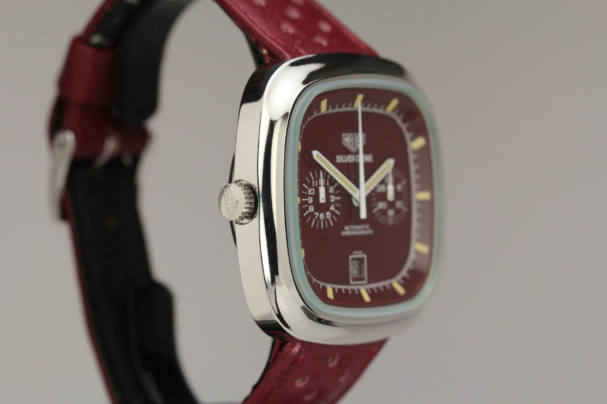 Heuer Stainless Steel Silverstone Maroon Dial Automatic Wristwatch In Excellent Condition In Miami Beach, FL