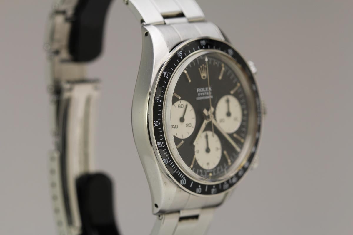 This is a great example of a Rolex Cosmograph Daytona from the early 1970's in stainless steel. It is the highly desired reference 6263 with a beautiful black dial and black acrylic bezel. The case, dial, and movement on this watch are in mint