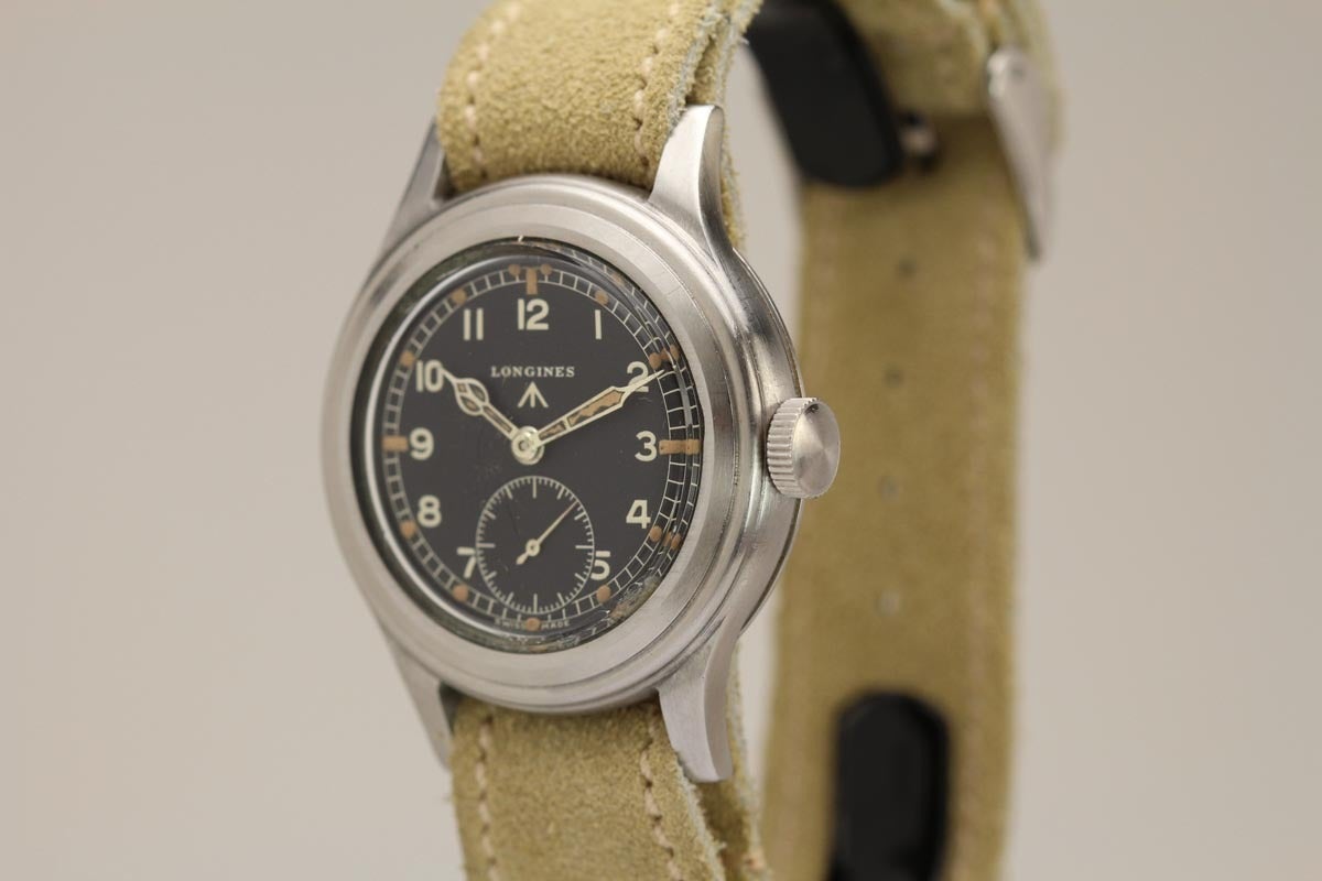 Longines Broad Arrow Military Ref 23088 Wristwatch c. 1944
Manual Wind 1268Z, 15-Jewel
dial Black w/ Broad Arrow
hands, Luminous Skeleton
Subsidiary Seconds