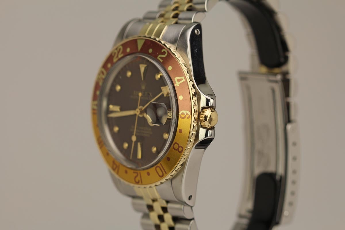 Rolex Yellow Gold Stainless Steel Root Beer Dial GMT Wristwatch Ref 16753 In Excellent Condition In Miami Beach, FL