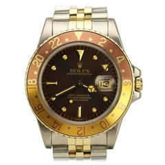 Vintage Rolex Yellow Gold Stainless Steel Root Beer Dial GMT Wristwatch Ref 16753