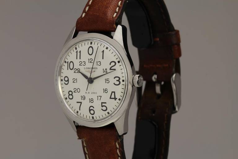 This is an extremely scarce and very attractive stainless steel Longines railroad watch from the 1960s. The watch has a beautiful original dial with inner 24-hour indications. The watch is powered by Longines manual-wind caliber 280. After 20 years