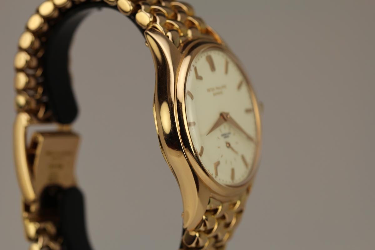 The watch featured here is an exceptional example of the Patek Philippe reference 2526 in 18k rose gold on an original 18k rose gold Patek Philippe band. The rose gold Patek Philippe is quite rare and apparently only 370 examples were produced. The