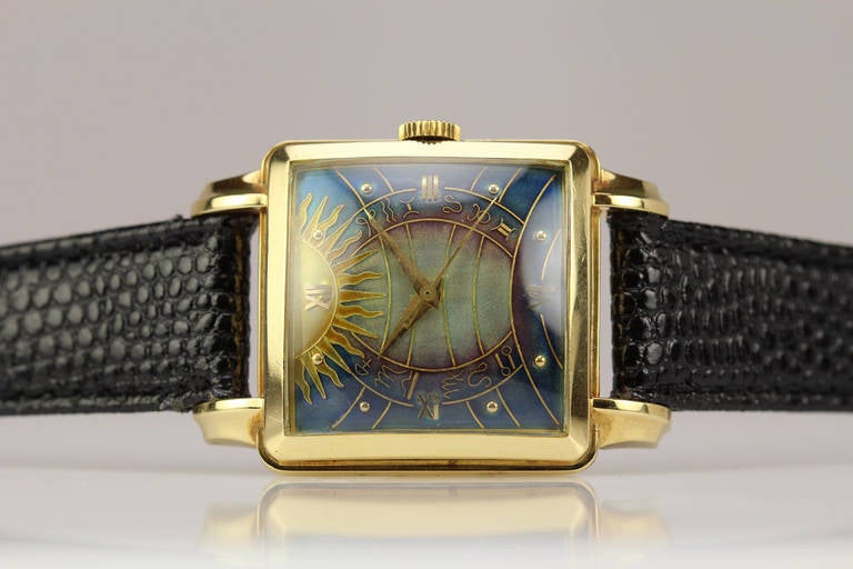 Gübelin Yellow Gold Square Wristwatch with Cloisonne Dial circa 1950s In Excellent Condition In Miami Beach, FL