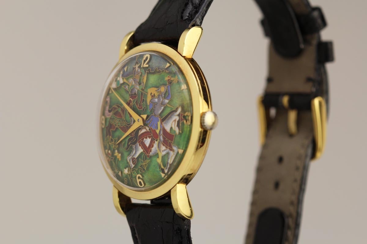 Universal Geneve Métiers d'Art Dress Ref 112167 cloisonné enamel dial depicting two Knights on horseback in battle. This Universal is extremely rare and in mint condition with a perfect enamel dial. I have never seen this scene.