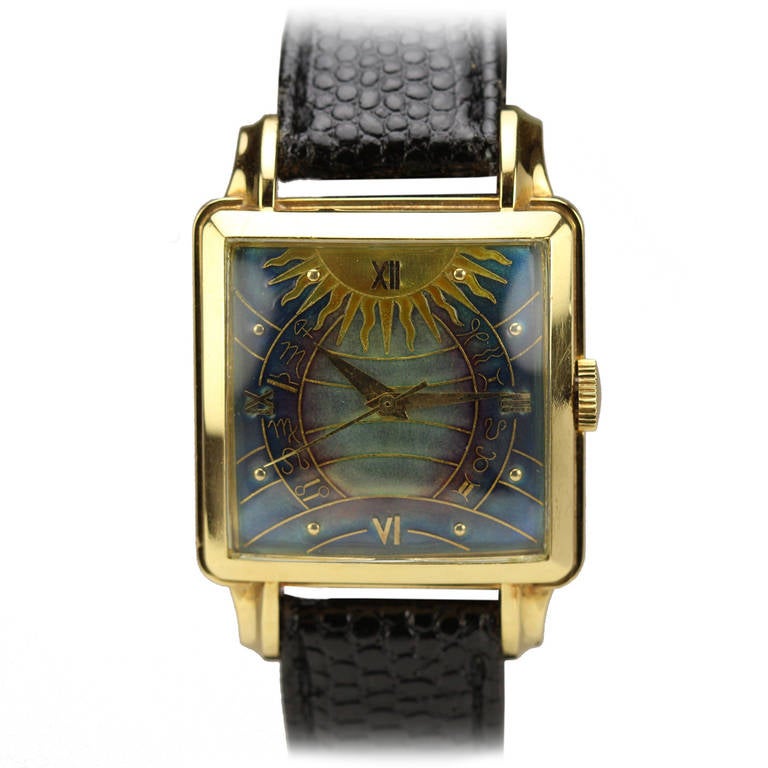 Gübelin Yellow Gold Square Wristwatch with Cloisonne Dial circa 1950s