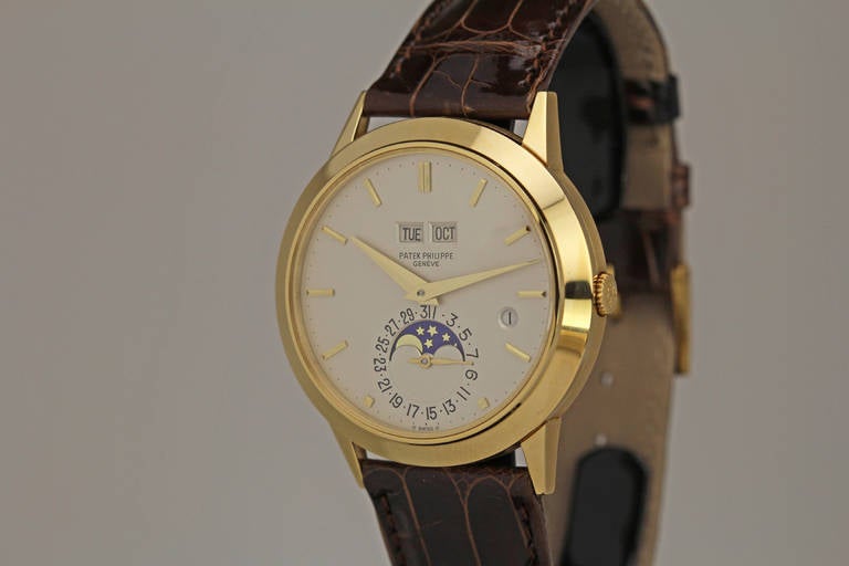 This is my favorite perpetual calendar moonphase ever produced by Patek Philippe due to its large size of 37mm and the simplicity of the case design. 

This is Patek Philippe’s Ref. 3450 in 18k yellow gold from the 1980s. There were approximately