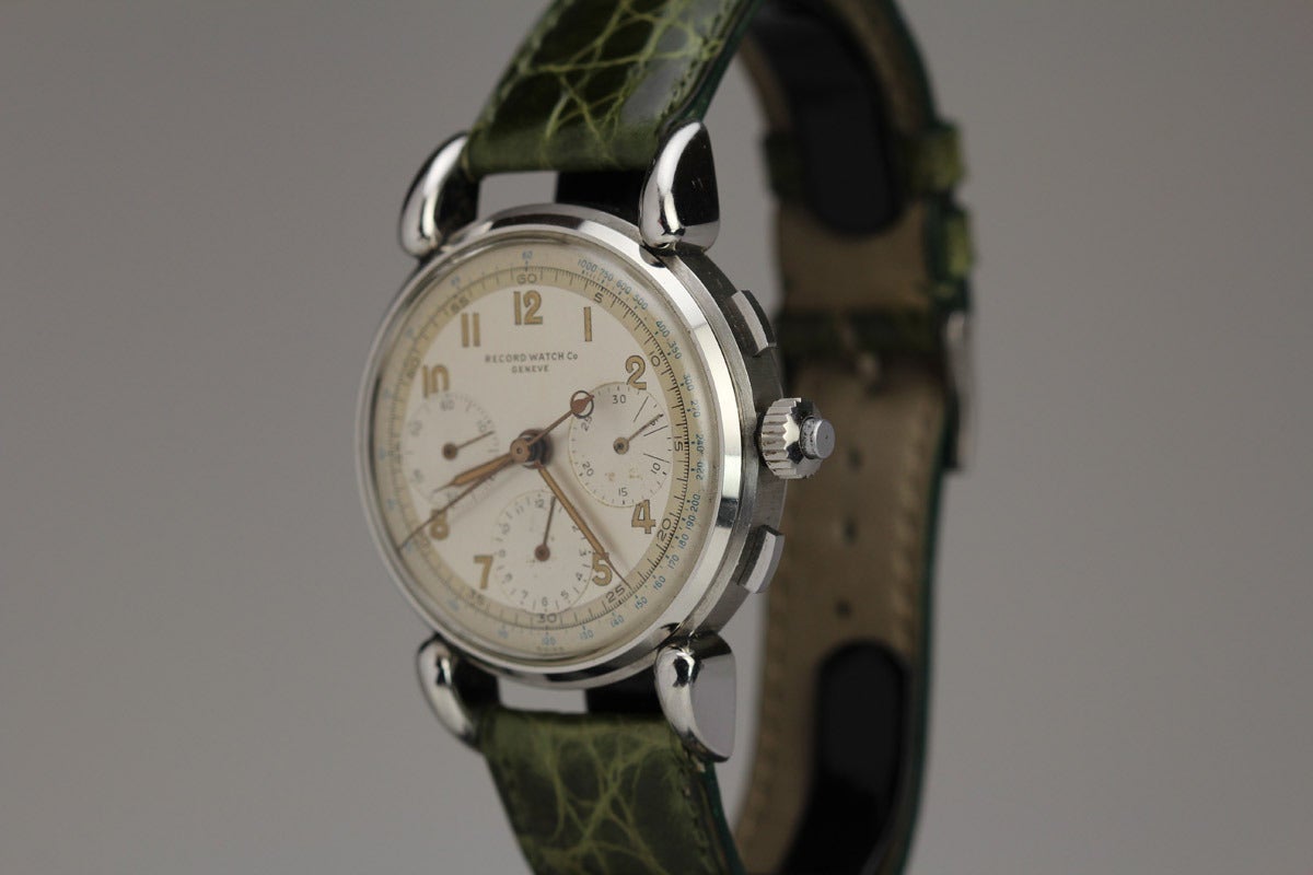 This is an exceptional example of the Record split second chronograph in stainless steel from the 1940s. I rarely see this model or other vintage split seconds come up for sale. This particular watch is in excellent condition with a large case with