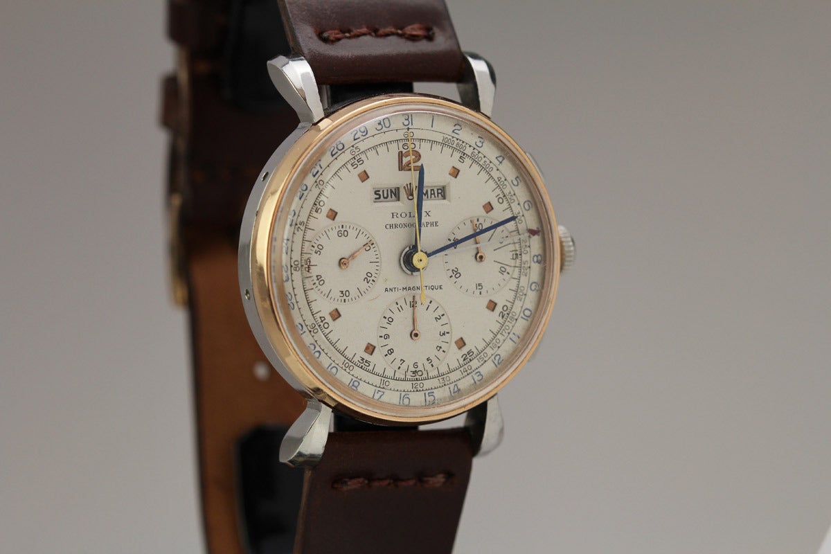 Rolex Stainless Steel and Rose Gold Triple Date Chronograph Wristwatch Ref 4768 In Excellent Condition In Miami Beach, FL