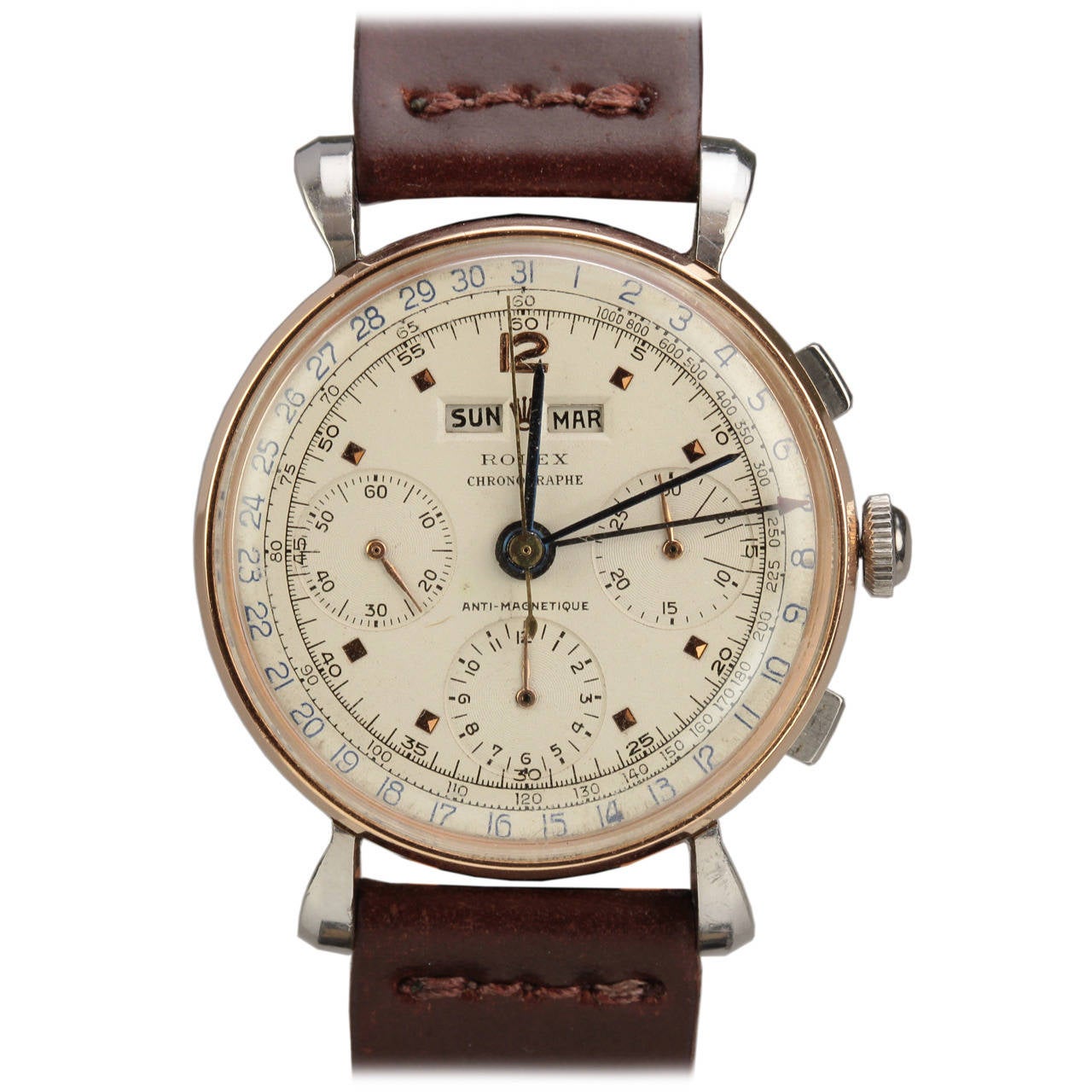 Rolex Stainless Steel and Rose Gold Triple Date Chronograph Wristwatch Ref 4768